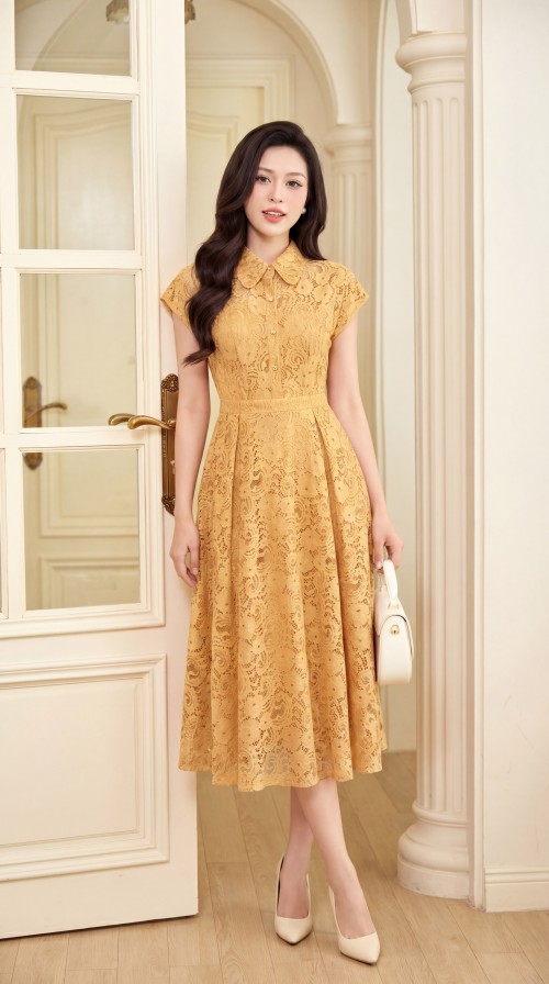 Sixdo Yellow Lace Flared Dress